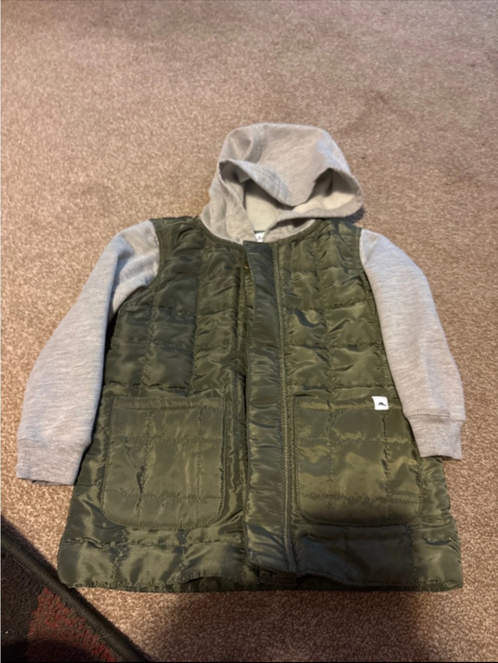Tommy Bahama Olive Quilted Puffer Vest with Light Gray Hoodie Sleeves